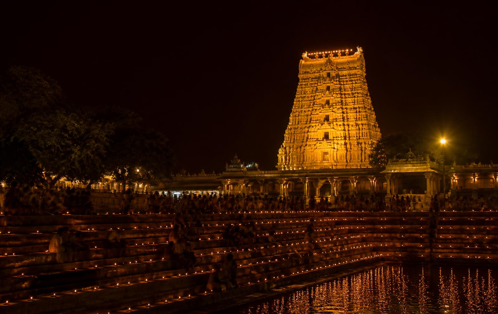 The temple illuminated for an evening festival